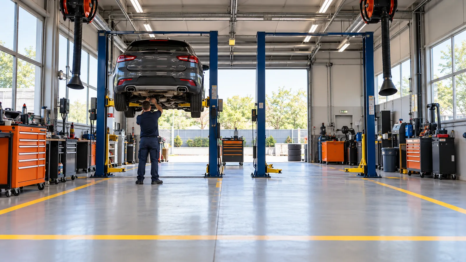 Atelier de garage automobile organisé avec ponts élévateurs, allées marquées et extraction des gaz