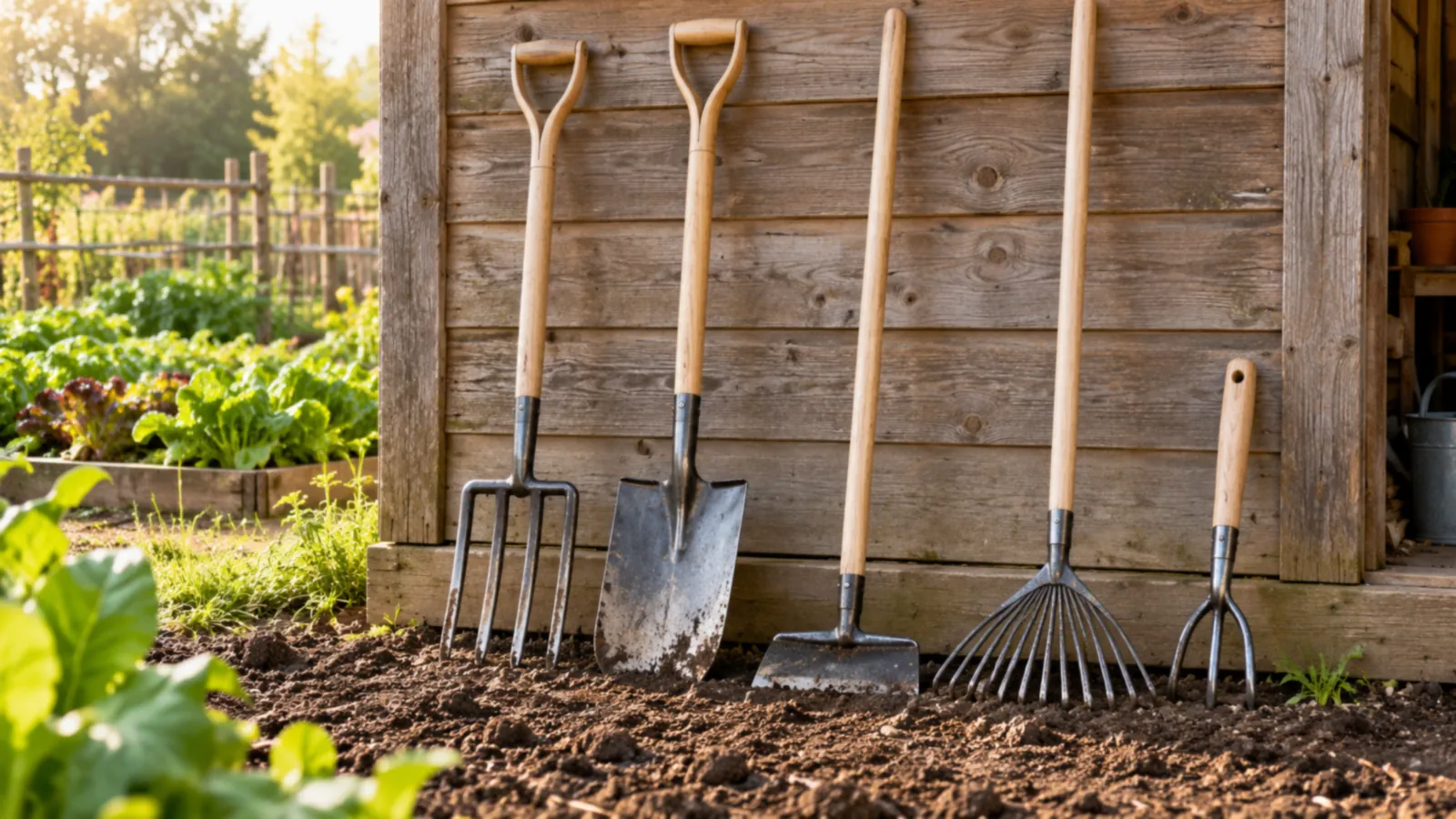Outils de jardin à manche en bois alignés contre le mur d'un abri