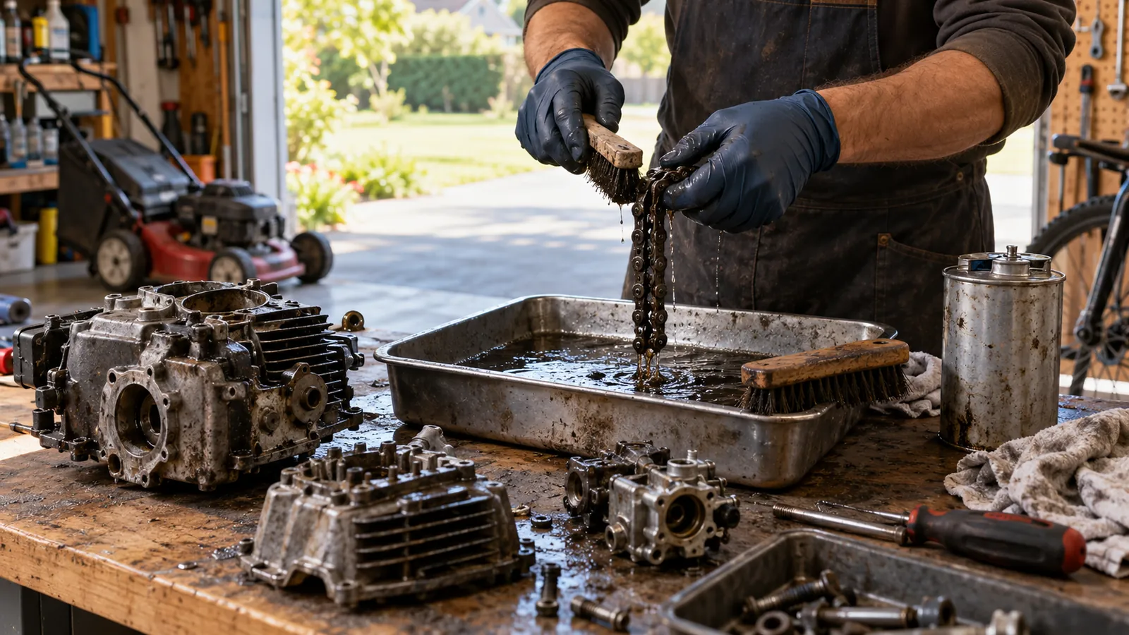 Pièces mécaniques en cours de dégraissage au pinceau sur un établi de garage