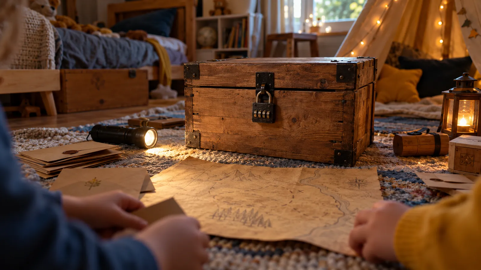 Pièce transformée en escape game maison avec caisse cadenassée et enveloppes d'indices
