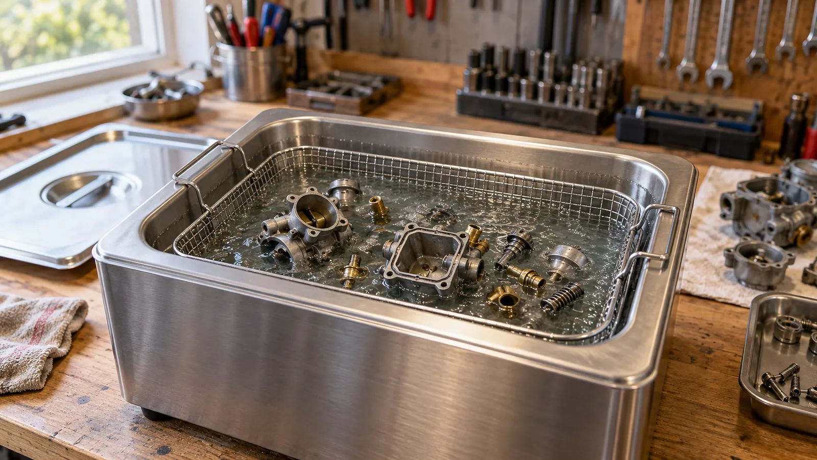 Bac à ultrasons en inox avec pièces de carburateur immergées sur un établi