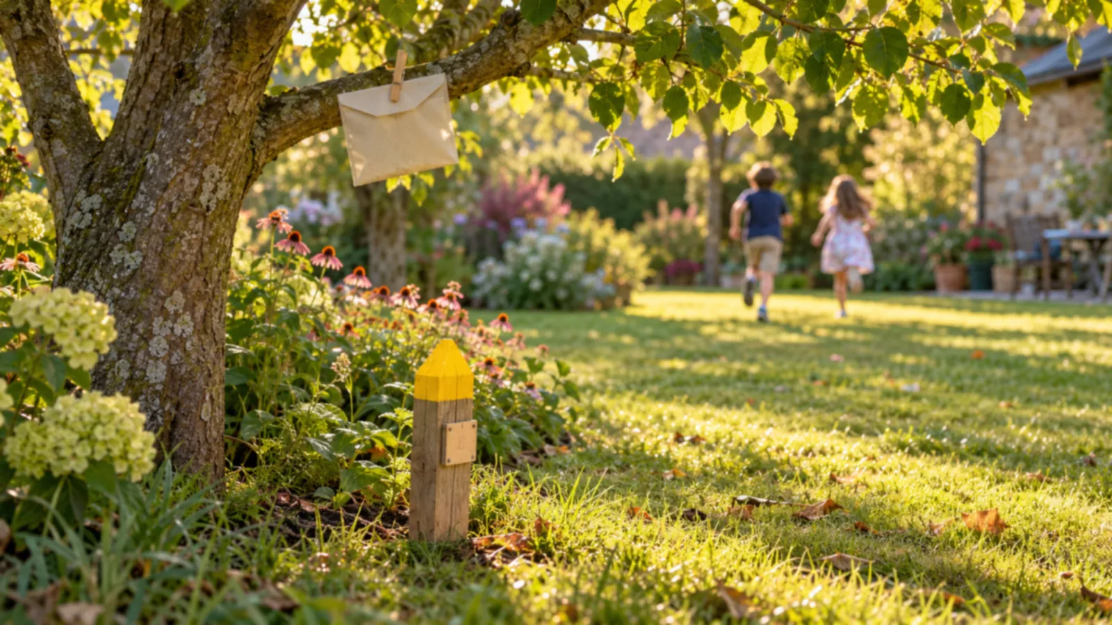 Jardin avec balise en bois et indice accroché pour une chasse au trésor