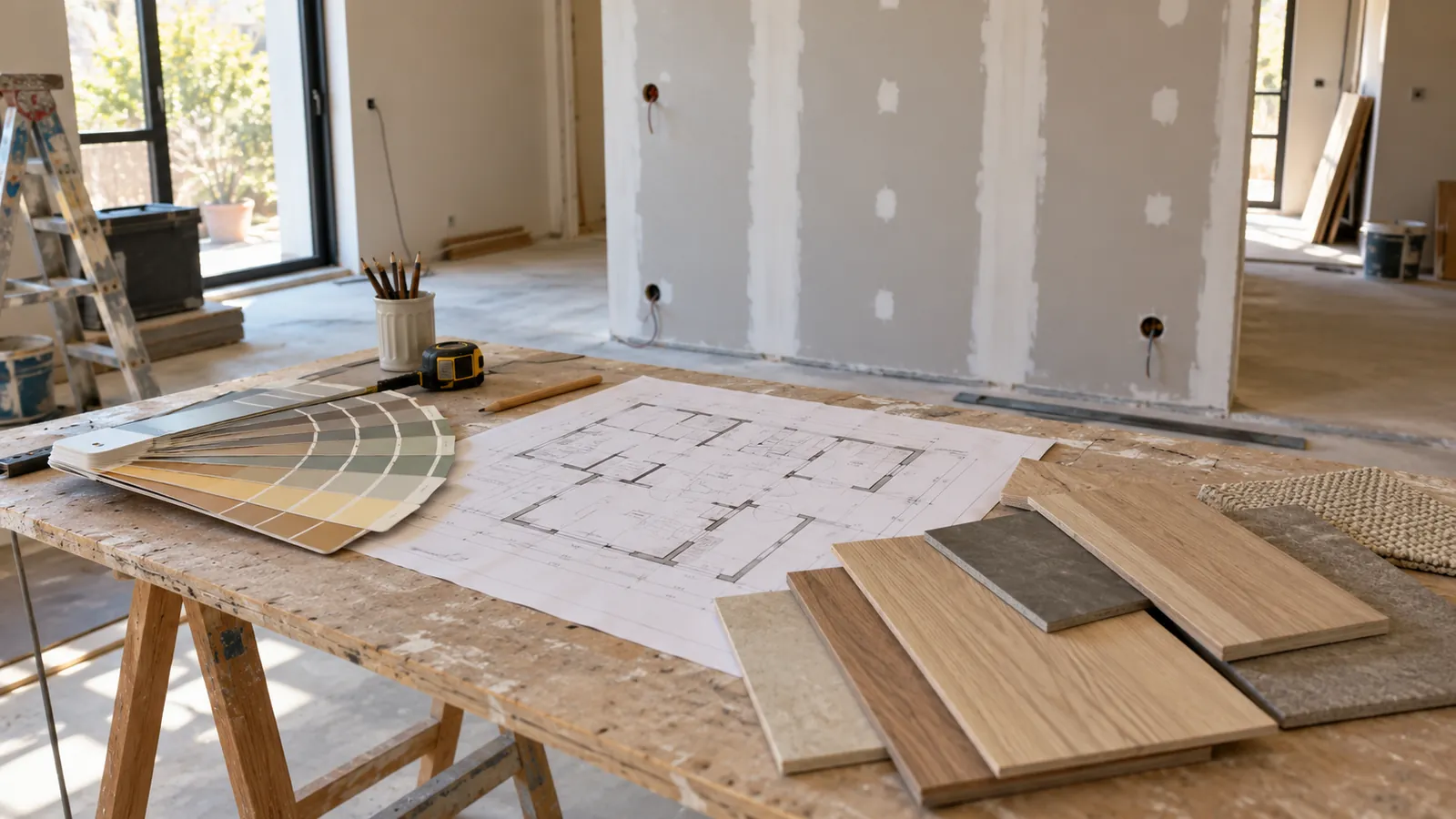 Plan, nuancier et échantillons de sol sur une table dans une pièce en travaux