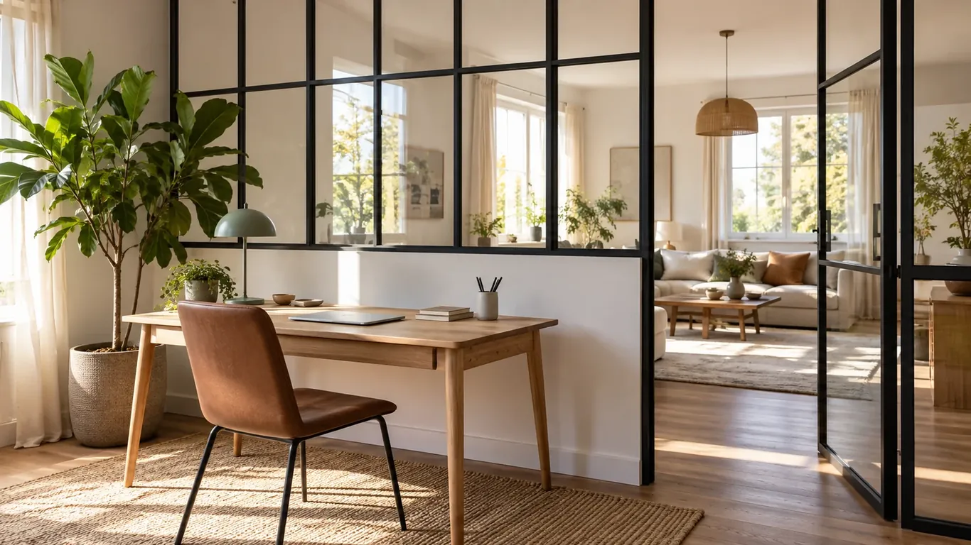 Coin bureau séparé du séjour par une verrière noire, chaise en cuir et plantes