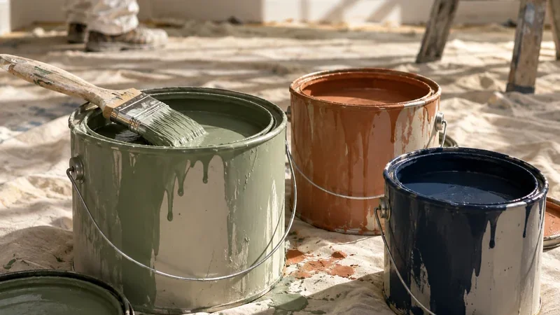 Pots de peinture vert sauge, terracotta et bleu nuit avec pinceau sur une bâche