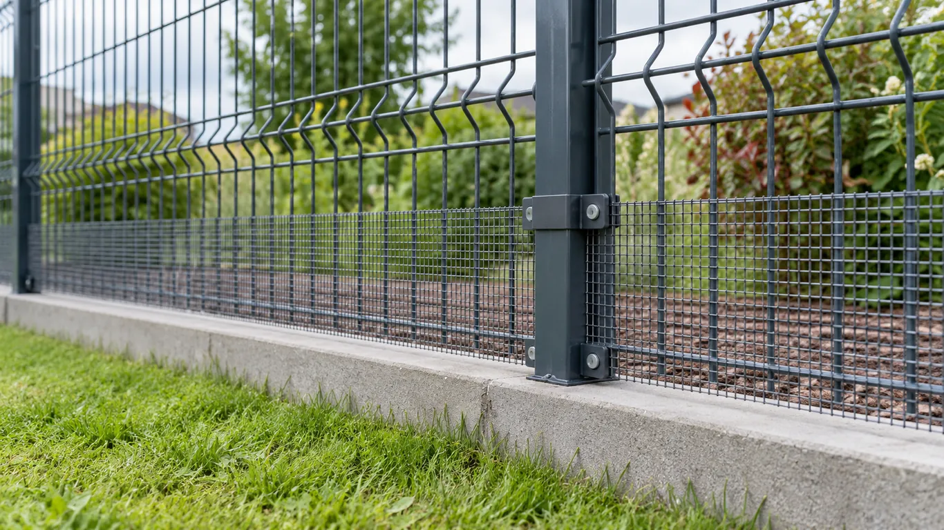 Panneau rigide doublé en bas d'un grillage à mailles fines sur bordure béton