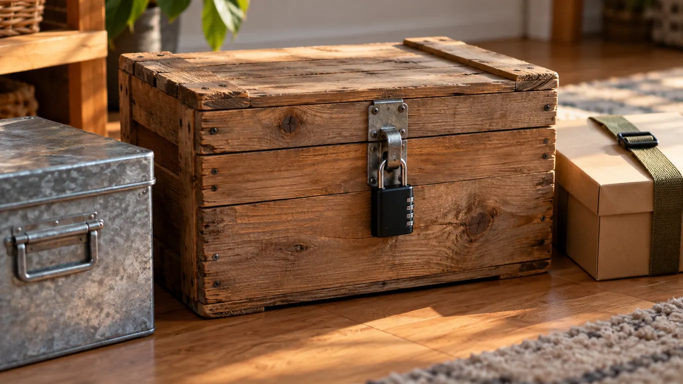 Caisse en bois à moraillon et cadenas à code pour escape game maison