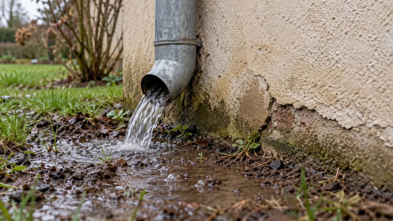 Descente de gouttière déversant l'eau au pied d'un mur fissuré