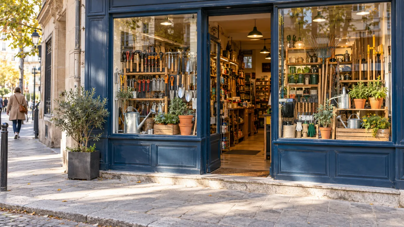 Devanture d'une quincaillerie de quartier en centre-ville