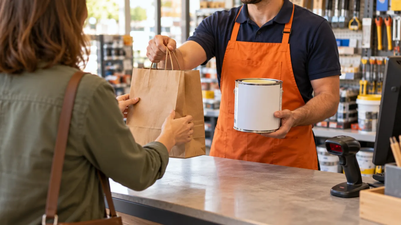 Retrait d'une commande passée en ligne au comptoir d'un magasin de bricolage