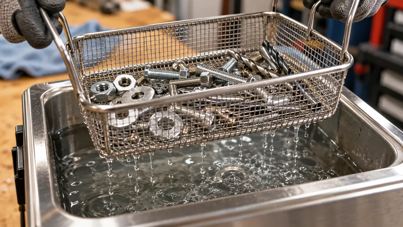 Panier inox de visserie et de forets propres sortant d'un bac à ultrasons
