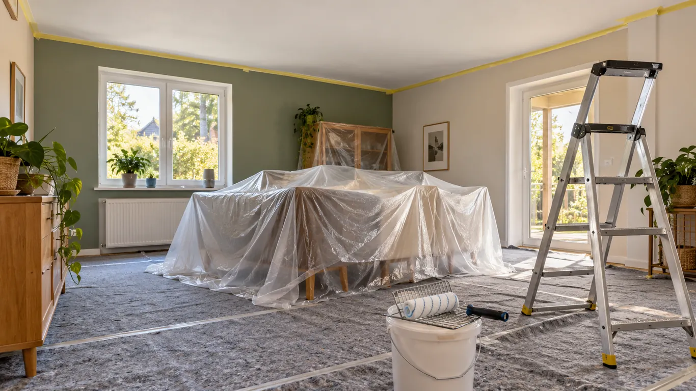 Pièce protégée avant peinture du plafond avec bâches, escabeau et ruban de masquage
