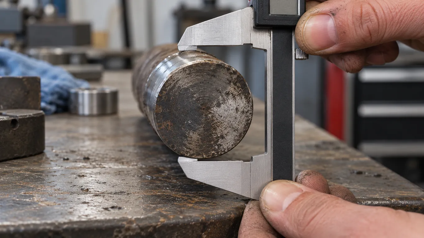 Mesure au pied à coulisse du diamètre d'un axe en acier usé