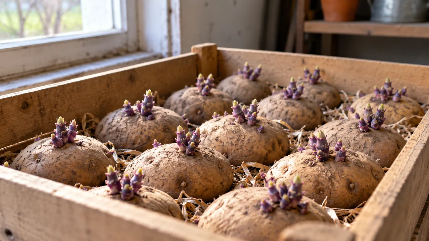 Plants de pomme de terre aux germes courts en cagette près d'une fenêtre