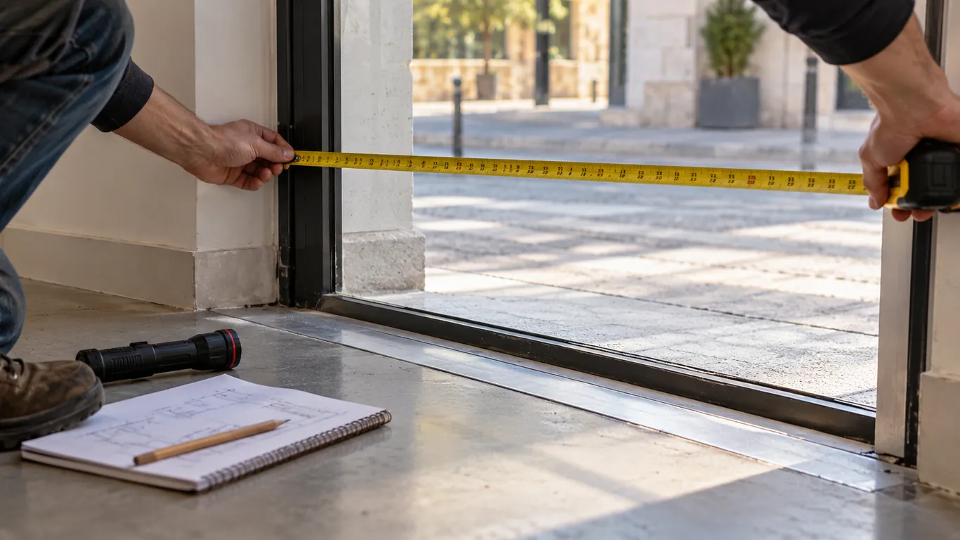 Mesure de la largeur d'une porte de boutique lors du diagnostic du local