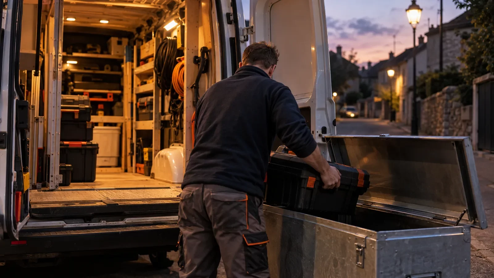 Artisan vidant le soir son fourgon de ses outils pour les mettre à l'abri