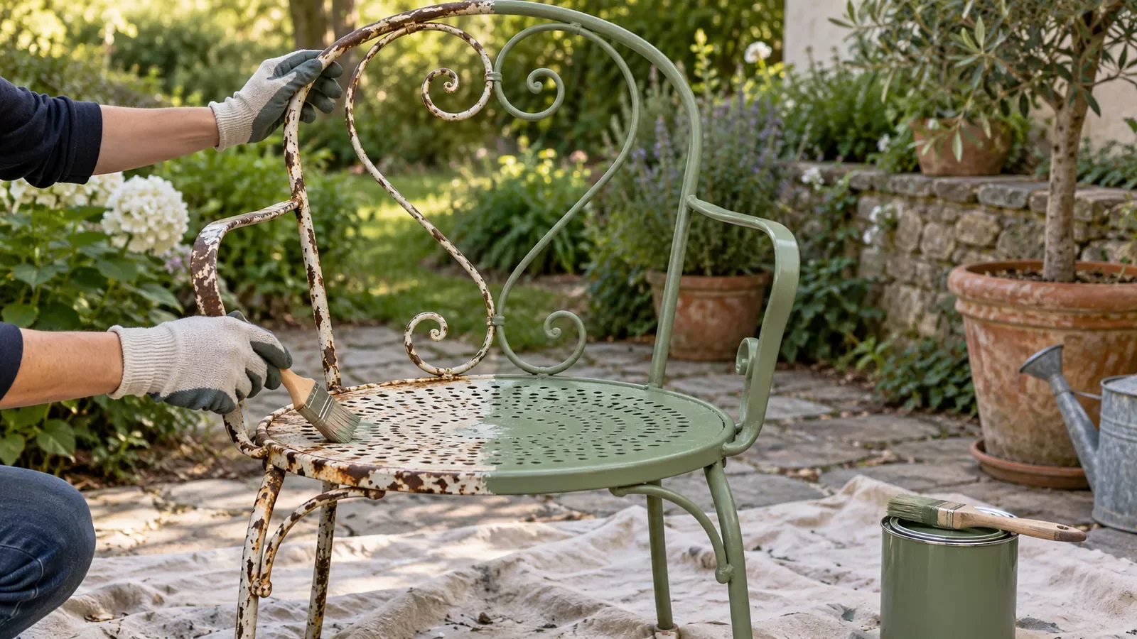 Chaise de jardin en fer forgé à moitié repeinte, partie rouillée encore visible